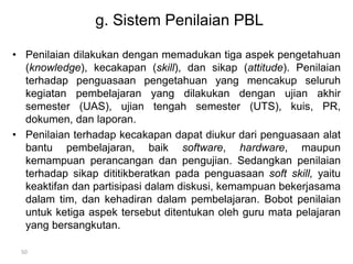 g. Sistem Penilaian PBL 
• Penilaian dilakukan dengan memadukan tiga aspek pengetahuan 
(knowledge), kecakapan (skill), dan sikap (attitude). Penilaian 
terhadap penguasaan pengetahuan yang mencakup seluruh 
kegiatan pembelajaran yang dilakukan dengan ujian akhir 
semester (UAS), ujian tengah semester (UTS), kuis, PR, 
dokumen, dan laporan. 
• Penilaian terhadap kecakapan dapat diukur dari penguasaan alat 
bantu pembelajaran, baik software, hardware, maupun 
kemampuan perancangan dan pengujian. Sedangkan penilaian 
terhadap sikap dititikberatkan pada penguasaan soft skill, yaitu 
keaktifan dan partisipasi dalam diskusi, kemampuan bekerjasama 
dalam tim, dan kehadiran dalam pembelajaran. Bobot penilaian 
untuk ketiga aspek tersebut ditentukan oleh guru mata pelajaran 
yang bersangkutan. 
50 
 