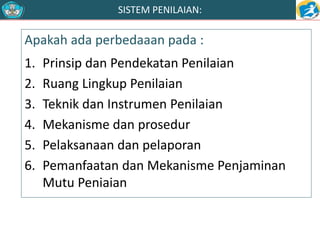 SISTEM PENILAIAN: 
Apakah ada perbedaaan pada : 
1. Prinsip dan Pendekatan Penilaian 
2. Ruang Lingkup Penilaian 
3. Teknik dan Instrumen Penilaian 
4. Mekanisme dan prosedur 
5. Pelaksanaan dan pelaporan 
6. Pemanfaatan dan Mekanisme Penjaminan 
Mutu Peniaian 
 