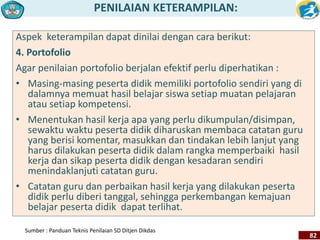PENILAIAN KETERAMPILAN: 
82 
Aspek keterampilan dapat dinilai dengan cara berikut: 
4. Portofolio 
Agar penilaian portofolio berjalan efektif perlu diperhatikan : 
• Masing-masing peserta didik memiliki portofolio sendiri yang di 
dalamnya memuat hasil belajar siswa setiap muatan pelajaran 
atau setiap kompetensi. 
• Menentukan hasil kerja apa yang perlu dikumpulan/disimpan, 
sewaktu waktu peserta didik diharuskan membaca catatan guru 
yang berisi komentar, masukkan dan tindakan lebih lanjut yang 
harus dilakukan peserta didik dalam rangka memperbaiki hasil 
kerja dan sikap peserta didik dengan kesadaran sendiri 
menindaklanjuti catatan guru. 
• Catatan guru dan perbaikan hasil kerja yang dilakukan peserta 
didik perlu diberi tanggal, sehingga perkembangan kemajuan 
belajar peserta didik dapat terlihat. 
Sumber : Panduan Teknis Penilaian SD Ditjen Dikdas 
 