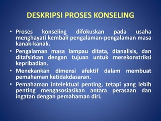 DESKRIPSI PROSES KONSELING
• Proses konseling difokuskan pada usaha
menghayati kembali pengalaman-pengalaman masa
kanak-kanak.
• Pengalaman masa lampau ditata, dianalisis, dan
ditafsirkan dengan tujuan untuk merekonstriksi
kepribadian.
• Menekankan dimensi afektif dalam membuat
pemahaman ketidakdasaran.
• Pemahaman intelektual penting, tetapi yang lebih
penting mengasosiasikan antara perasaan dan
ingatan dengan pemahaman diri.
 