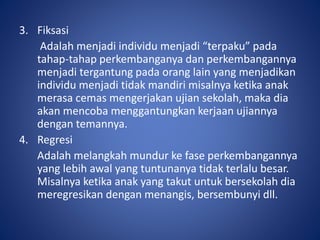 3. Fiksasi
Adalah menjadi individu menjadi “terpaku” pada
tahap-tahap perkembanganya dan perkembangannya
menjadi tergantung pada orang lain yang menjadikan
individu menjadi tidak mandiri misalnya ketika anak
merasa cemas mengerjakan ujian sekolah, maka dia
akan mencoba menggantungkan kerjaan ujiannya
dengan temannya.
4. Regresi
Adalah melangkah mundur ke fase perkembangannya
yang lebih awal yang tuntunanya tidak terlalu besar.
Misalnya ketika anak yang takut untuk bersekolah dia
meregresikan dengan menangis, bersembunyi dll.
 