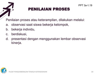 PUSAT PENGEMBANGAN TENAGA KEPENDIDIKAN 20
PENILAIAN PROSES
Penilaian proses atau keterampilan, dilakukan melalui:
a. observasi saat siswa bekerja kelompok,
b. bekerja individu,
c. berdiskusi,
d. presentasi dengan menggunakan lembar observasi
kinerja.
PPT 3a-1.19
 