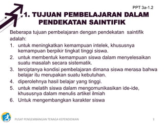PUSAT PENGEMBANGAN TENAGA KEPENDIDIKAN 3
1. TUJUAN PEMBELAJARAN DALAM
PENDEKATAN SAINTIFIK
Beberapa tujuan pembelajaran dengan pendekatan saintifik
adalah:
1. untuk meningkatkan kemampuan intelek, khususnya
kemampuan berpikir tingkat tinggi siswa.
2. untuk membentuk kemampuan siswa dalam menyelesaikan
suatu masalah secara sistematik.
3. terciptanya kondisi pembelajaran dimana siswa merasa bahwa
belajar itu merupakan suatu kebutuhan.
4. diperolehnya hasil belajar yang tinggi.
5. untuk melatih siswa dalam mengomunikasikan ide-ide,
khususnya dalam menulis artikel ilmiah
6. Untuk mengembangkan karakter siswa
PPT 3a-1.2
 