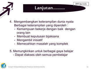 PUSAT PENGEMBANGAN TENAGA KEPENDIDIKAN 31
Lanjutan..........
4. Mengembangkan keterampilan dunia nyata
Berbagai keterampilan yang diperoleh :
- Kemampuan bekerja dengan baik dengan
orang lain
- Membuat keputusan bijaksana
- Mengambil inisiatif
- Memecahkan masalah yang komplek
5. Memungkinkan untuk berbagai gaya belajar
- Dapat diakses oleh semua pembelajar
PPT.3a-3.15
 
