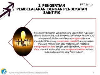 PUSAT PENGEMBANGAN TENAGA KEPENDIDIKAN 4
2. PENGERTIAN
PEMBELAJARAN DENGAN PENDEKATAN
SAINTIFIK
Proses pembelajaran yang dirancang sedemikian rupa agar
peserta didik secara aktif mengonstruk konsep, hukum atau
prinsip melalui tahapan-tahapan mengamati (untuk
mengidentifikasi atau menemukan masalah), merumuskan
masalah, mengajukan atau merumuskan hipotesis,
mengumpulkan data dengan berbagai teknik, menganalisis
data, menarik kesimpulan dan mengomunikasikan konsep,
hukum atau prinsip yang “ditemukan”.
PPT 3a-1.3
 