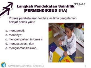 PUSAT PENGEMBANGAN TENAGA KEPENDIDIKAN 9
Langkah Pendekatan Saintifik
(PERMENDIKBUD 81A)
Proses pembelajaran terdiri atas lima pengalaman
belajar pokok yaitu:
a. mengamati;
b. menanya;
c. mengumpulkan informasi;
d. mengasosiasi; dan
e. mengkomunikasikan.
PPT 3a-1.8
 