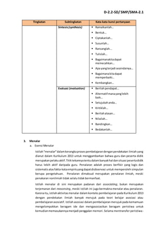 D-2.2-SD/ SMP/SMA-2.1 
Tingkatan Subtingkatan Kata-kata kunci pertanyaan 
 Sintesis (synthesis)  Ramalkanlah… 
 Bentuk… 
 Ciptakanlah… 
 Susunlah… 
 Rancanglah... 
 Tulislah… 
 Bagaimanakita dapat 
memecahkan… 
 Apa yang terjadi seaindainya… 
 Bagaimana kita dapat 
memperbaiki… 
 Kembangkan… 
 Evaluasi (evaluation)  Berilah pendapat… 
 Alternatif mana yang lebih 
baik… 
 Setujukah anda… 
 Kritiklah… 
 Berilah alasan… 
 Nilailah… 
 Bandingkan… 
 Bedakanlah… 
3. Menalar 
a. Esensi Menalar 
Istilah “menalar” dalam kerangka proses pembelajaran dengan pendekatan ilmiah yang 
dianut dalam Kurikulum 2013 untuk menggambarkan bahwa guru dan peserta didik 
merupakan pelaku aktif. Titik tekannya tentu dalam banyak hal dan situasi peserta didik 
harus lebih aktif daripada guru. Penalaran adalah proses berfikir yang logis dan 
sistematis atas fakta-kata empiris yang dapat diobservasi untuk memperoleh simpulan 
berupa pengetahuan. Penalaran dimaksud merupakan penalaran ilmiah, meski 
penakaran nonilmiah tidak selalu tidak bermanfaat. 
Istilah menalar di sini merupakan padanan dari associating; bukan merupakan 
terjemanan dari reasonsing, meski istilah ini juga bermakna menalar atau penalaran. 
Karena itu, istilah aktivitas menalar dalam konteks pembelajaran pada Kurikulum 2013 
dengan pendekatan ilmiah banyak merujuk pada teori belajar asosiasi atau 
pembelajaran asosiatif. Istilah asosiasi dalam pembelajaran merujuk pada kemamuan 
mengelompokkan beragam ide dan mengasosiasikan beragam peristiwa untuk 
kemudian memasukannya menjadi penggalan memori. Selama mentransfer peristiwa- 
 