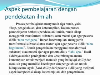Aspek pembelajaran dengan
pendekatan ilmiah
Proses pembelajaran menyentuh tiga ranah, yaitu
sikap, pengetahuan, dan keterampilan. Dalam proses
pembelajaran berbasis pendekatan ilmiah, ranah sikap
menggamit transformasi substansi atau materi ajar agar peserta
didik “tahu mengapa.” Ranah keterampilan menggamit
transformasi substansi atau materi ajar agar peserta didik “tahu
bagaimana”. Ranah pengetahuan menggamit transformasi
substansi atau materi ajar agar peserta didik “tahu apa.” Hasil
akhirnya adalah peningkatan dan keseimbangan antara
kemampuan untuk menjadi manusia yang baik(soft skills) dan
manusia yang memiliki kecakapan dan pengetahuan untuk
hidup secara layak (hard skills) dari peserta didik yang meliputi
aspek kompetensi sikap, keterampilan, dan pengetahuan.

 