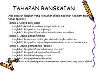 TAHAPAN RANGKAIAN
Ada sepuluh langkah yang kemudian dikelompokkan kedalam tiga
tahap (phase):
Tahap 1. Upaya penyiapan
Langkah 1. Melihat perusahaan sebagai suatu sistem
Langkah 2. Mengenal sistem lingkungan
Langkah 3. Mengidentifikasi subsistem-subsistem perusahaan
Tahap 2. Upaya pendefinisian
Langkah 4. Melanjutkan dari tingkat sistem ke tingkat subsistem
Langkah 5. Menganalisis bagian-bagian sistem dalam suatu urutan tertentu
Tahap 3. Upaya pemecahan (solusi)
Langkah 6. Mengidentifikasi solusi-solusi alternatif
Langkah 7. Mengevaluasi solusi-solusi alternatif
Langkah 8. Memilih solusi yang terbaik
Langkah 9. Mengimplementasikan solusi
Langkah 10. Menindaklanjuti untuk memastikan bahwa solusi yang dipilih efektif
 