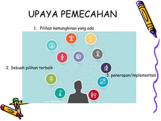 UPAYA PEMECAHAN
1. Pilihan kemungkinan yang ada
2. Sebuah pilihan terbaik
3. penerapan/implementasi
 