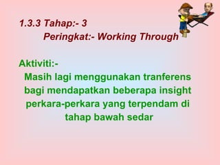 1.3.3 Tahap:- 3 Peringkat:- Working Through Aktiviti:- Masih lagi menggunakan tranferens  bagi mendapatkan beberapa insight  perkara-perkara yang terpendam di  tahap bawah sedar 