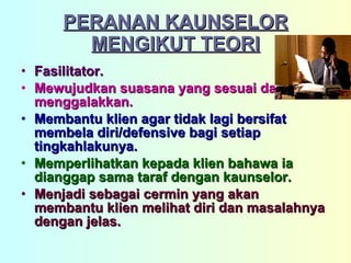 PERANAN KAUNSELOR MENGIKUT TEORI Fasilitator. Mewujudkan suasana yang sesuai dan menggalakkan. Membantu klien agar tidak lagi bersifat membela diri/defensive bagi setiap tingkahlakunya. Memperlihatkan kepada klien bahawa ia dianggap sama taraf dengan kaunselor. Menjadi sebagai cermin yang akan membantu klien melihat diri dan masalahnya dengan jelas. 