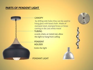 PARTS OF PENDENT LIGHT
CANOPY
TUBING
PENDENT
HOLDER
PENDANT LIGHT
by drilling side holes they can be used to
hang glass with bead chain. Made of
stamped steel, stamped brass or brass
casting or die cast white metal
a cord, chain, or metal rod, allow
the light to hang from celling
Holds the light
 