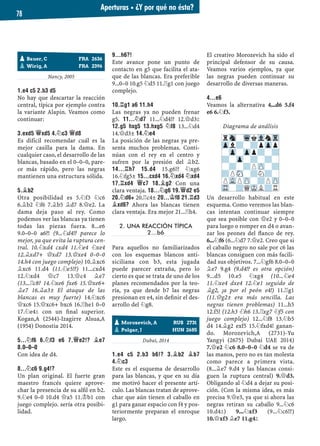 Nancy, 2005
1.E4 C5 2.B3 D5
No hay que descartar la reacción
central, típica por ejemplo contra
la variante Alapin. Veamos como
continuar:
3.EXD5 £XD5 4.¤C3 £D8
Es difícil recomendar cuál es la
mejor casilla para la dama. En
cualquier caso, el desarrollo de las
blancas, basado en el 0–0–0, pare-
ce más rápido, pero las negras
mantienen una estructura sólida.
5.¥B2
Otra posibilidad es 5.¤f3 ¤c6
6.¥b2 ¤f6 7.¥b5 ¥d7 8.£e2. La
dama deja paso al rey. Como
podemos ver las blancas ya tienen
todas las piezas fuera. 8...e6
9.0–0–0 a6?! (9...¤d4!? parece lo
mejor, ya que evita la ruptura cen-
tral. 10.¤xd4 cxd4 11.¤e4 ¤xe4
12.¥xd7+ £xd7 13.£xe4 0–0–0
14.h4 con juego complejo) 10.¥xc6
¥xc6 11.d4 (11.¤e5!?) 11...cxd4
12.¤xd4 £c7 13.£c4 ¥e7
(13...¦c8? 14.¤xe6 fxe6 15.£xe6+
¥e7 16.¥a3± El ataque de las
blancas es muy fuerte) 14.¤xc6
£xc6 15.£xc6+ bxc6 16.¦he1 0–0
17.¤e4² con un ﬁnal superior.
Kogan,A (2544)-Izagirre Alsua,A
(1954) Donostia 2014.
5...¤F6 6.¤F3 E6 7.£E2!? ¥E7
8.0–0–0
Con idea de d4.
8...¤C6 9.G4!?
Un plan original. El fuerte gran
maestro francés quiere aprove-
char la presencia de su alﬁl en b2.
9.¤e4 0–0 10.d4 £a5 11.¢b1 con
juego complejo. sería otra posibi-
lidad.
9...H6?!
Este avance pone un punto de
contacto en g5 que facilita el ata-
que de las blancas. Era preferible
9...0–0 10.g5 ¤d5 11.¦g1 con juego
complejo.
10.¦G1 A6 11.H4
Las negras ya no pueden frenar
g5. 11...¤D7 11...¤d4!? 12.£d3²
12.G5 HXG5 13.HXG5 ¤F8 13...¤d4
14.£d3± 14.¤E4
La posición de las negras ya pre-
senta muchos problemas. Conti-
núan con el rey en el centro y
sufren por la presión del ¥b2.
14...¦H7 15.D4 15.g6!? ¤xg6
16.¤fg5± 15...CXD4 16.¤XD4 ¤XD4
17.¦XD4 £C7 18.¥G2 Con una
clara ventaja. 18...¤G6 19.£D2 E5
20.¤D6+ 20.¦c4± 20...¢F8 21.¦D3
¥XD6? Ahora las blancas tienen
clara ventaja. Era mejor 21...¦h4.
2. UNA REACCIÓN TÍPICA
2…b6
Para aquellos no familiarizados
con los esquemas blancos anti-
siciliana con b3, esta jugada
puede parecer extraña, pero lo
cierto es que se trata de uno de los
planes recomendados por la teo-
ría, ya que desde b7 las negras
presionan en e4, sin deﬁnir el des-
arrollo del ¤g8.
Dubai, 2014
1.E4 C5 2.B3 B6!? 3.¥B2 ¥B7
4.¤C3
Este es el esquema de desarrollo
para las blancas, y que en su día
me motivó hacer el presente artí-
culo. Las blancas tratan de aprove-
char que aún tienen el caballo en
g1 para ganar espacio con f4 y pos-
teriormente preparan el enroque
largo.
El creativo Morozevich ha sido el
principal defensor de su causa.
Veamos varios ejemplos, ya que
las negras pueden continuar su
desarrollo de diversas maneras.
4...E6
Veamos la alternativa 4...d6 5.f4
e6 6.¤f3.
Diagrama de análisis
Un desarrollo habitual en este
esquema. Como veremos las blan-
cas intentan continuar siempre
que sea posible con £e2 y 0–0–0
para luego o romper en d4 o avan-
zar los peones del ﬂanco de rey.
6...¤f6 (6...¤d7 7.£e2. Creo que si
el caballo negro no sale por c6 las
blancas consiguen con más facili-
dad sus objetivos. 7...¤gf6 8.0–0–0
¥e7 9.g4 (9.d4!? es otra opción)
9...d5 10.e5 ¤xg4 (10...¤e4
11.¤xe4 dxe4 12.¤e1 seguido de
¥g2, ¡a por el peón e4!) 11.¦g1
(11.£g2± era más sencilla. Las
negras tienen problemas) 11...h5
12.f5! (12.h3 ¤h6 13.¦xg7 ¤f5 con
juego complejo) 12...¤f8 13.¤b5
d4 14.¥g2 exf5 15.¤fxd4! ganan-
do. Morozevich,A (2731)-Yu
Yangyi (2675) Dubai UAE 2014)
7.£e2 ¤c6 8.0–0–0 ¤d4 se va de
las manos, pero no es tan molesta
como parece a primera vista.
(8...¥e7 9.d4 y las blancas consi-
guen la ruptura central) 9.£d3.
Obligando al ¤d4 a dejar su posi-
ción. (Con la misma idea, es más
precisa 9.£e3, ya que si ahora las
negras retiran su caballo 9...¤c6
10.d4²) 9...¤xf3 (9...¤c6!?)
10.£xf3 ¥e7 11.g4²
pMorozevich, A RUS 2731
pPolgar, J HUN 2685
pBauer, C FRA 2636
pWirig, A FRA 2396
rSn-WqkVlnTr
Zpl?-?pZpp
-Zp-Zpp?-?
?-Zp-?-?-
-?-?PZP-?
?PSN-?N?-
PVLPZP-?PZP
TR-?QMKL?R
Aperturas ▪ ¿Y por qué no ésta?
78
 