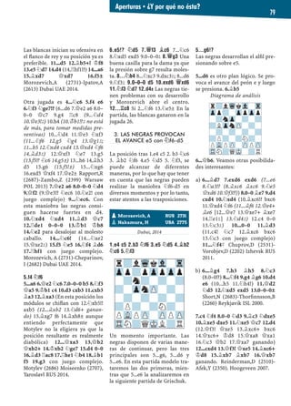 Aperturas ▪ ¿Y por qué no ésta?
79
Las blancas inician su ofensiva en
el ﬂanco de rey y su posición ya es
preferible. 11...d5 12.¥b5+! ¢f8
13.e5 ¤d7 14.d4 (14.¦hf1!?) 14...a6
15.¥xd7 £xd7 16.f5±
Morozevich,A (2731)-Ipatov,A
(2613) Dubai UAE 2014.
Otra jugada es 4...¤c6 5.f4 e6
6.¤f3 ¤ge7!? (6...d6 7.£e2 a6 8.0–
0–0 £c7 9.g4 ¦c8 (9...¤d4
10.£e3!²) 10.h4 (10.¢b1!?² no está
de más, para tomar medidas pre-
ventivas) 10...¤d4 11.£e3 ¤xf3
(11...¤f6 12.g5 ¤g4 13.£g1²;
11...b5 12.¤xd4 cxd4 13.£xd4 ¤f6
14.¥d3²) 12.£xf3 ¤e7 13.g5
(13.f5!? ¤c6 14.g5±) 13...h6 14.¥h3
d5 15.g6 (15.f5!±) 15...¤xg6
16.exd5 £xf4 17.£e2± Rapport,R
(2687)-Zambo,Z (2399) Warsaw
POL 2013) 7.£e2 a6 8.0–0–0 ¤d4
9.£f2 (9.£e3!? ¤ec6 10.¤e2! con
juego complejo) 9...¤ec6. Con
esta maniobra las negras consi-
guen hacerse fuertes en d4.
10.¤xd4 ¤xd4 11.¥d3 £c7
12.¦de1 0–0–0 13.¢b1 ¢b8
14.¤e2 para desalojar al molesto
caballo. 14...¤c6! (14...¤xe2
15.£xe2²) 15.f5 ¤e5 16.¤f4 ¥d6
17.¦hf1 con juego complejo.
Morozevich, A (2731)-Cheparinov,
I (2682) Dubai UAE 2014.
5.F4 ¤F6
5...a6 6.£e2 ¤c6 7.0–0–0 b5 8.¤f3
£a5 9.¢b1 c4 10.d3 cxb3 11.cxb3
¥a3 12.¥xa3 (En esta posición los
módulos se chiﬂan con 12.¤xb5!!
axb5 (12...¥xb2 13.¤d6+ ganan-
do) 13.¥xg7 f6 14.¥xh8± aunque
entiendo perfectamente que
Motylev no la eligiera ya que la
posición resultante es realmente
diabólica) 12...£xa3 13.£b2
£xb2+ 14.¢xb2 ¤ge7 15.d4 0–0
16.¥d3 ¦ac8 17.¦he1 ¤b4 18.¥b1
f5 19.g3 con juego complejo.
Motylev (2686) Moiseenko (2707),
Yaroslavl RUS 2014.
6.E5!? ¤D5 7.£F3 ¥C6 7...¤c6
8.¤xd5 exd5 9.0–0–0² 8.£G3 Una
buena casilla para la dama ya que
la presión sobre g7 resulta moles-
ta. 8...¤B4 8...¤xc3 9.dxc3²; 8...d6
9.¤f3² 9.0–0–0 D5 10.EXD6 £XD6
11.¤F3 ¤D7 12.D4± Las negras tie-
nen problemas con su desarrollo
y Morozevich abre el centro.
12...¦C8 Si 2...¤f6 13.¤e5± En la
partida, las blancas ganaron en la
jugada 26.
3. LAS NEGRAS PROVOCAN
EL AVANCE e5 con ¤f6-d5
La posición tras 1.e4 c5 2. b3 ¤c6
3. ¥b2 ¤f6 4.e5 ¤d5 5. ¤f3, se
puede alcanzar de diferentes
maneras, por lo que hay que tener
en cuenta que las negras pueden
realizar la maniobra ¤f6-d5 en
diversos momentos y por lo tanto,
estar atentos a las trasposiciones.
Yugoslavia, 1988
Dubai, 2014
1.E4 C5 2.B3 ¤F6 3.E5 ¤D5 4.¥B2
¤C6 5.¤F3
Un momento importante. Las
negras disponen de varias mane-
ras de continuar, pero las tres
principales son 5...g6, 5...d6 y
5...e6. En esta partida modelo tra-
taremos las dos primeras, mien-
tras que 5...e6 la analizaremos en
la siguiente partida de Grischuk.
5...G6!?
Las negras desarrollan el alﬁl pre-
sionando sobre e5.
5...d6 es otro plan lógico. Se pro-
voca el avance del peón e y luego
se presiona. 6.¥b5
Diagrama de análisis
6...£b6. Veamos otras posibilida-
des interesantes:
6...¥d7 7.exd6 exd6 (7...e6a)
8.¤a3!? (8.¥xc6 ¥xc6 9.¤e5
£xd6 10.£f3!?)) 8.0–0 ¥e7 9.d4
cxd4 10.¤xd4 (10.¥xc6!? bxc6
11.£xd4 ¤f6 (11...¥f6 12.£e4+
¥e6 [12...£e7 13.£xe7+ ¥xe7
14.¦e1²] 13.¤d4²) 12.c4 0–0
13.¤c3²) 10...0–0 11.¥d3
(11.c4! ¤c7 12.¥xc6 bxc6
13.¤c3 con juego complejo)
11...¤f4³ Chuprov,D (2531)-
Vorobjev,D (2202) Izhevsk RUS
2011.
6...¥g4 7.h3 ¥h5 8.¤c3b)
(8.0–0!?) 8...¤f4 9.g4 ¥g6 10.d4
e6 (10...h5 11.¤h4!) 11.£d2
¤d5 12.¤xd5 exd5 13.0–0–0±
Short,N (2683)-Thorﬁnnsson,B
(2260) Reykjavik ISL 2000.
7.c4 ¤f4 8.0–0 ¤d3 9.¥c3 ¤dxe5
10.¥xe5 dxe5 11.¤xe5 £c7 12.d4
(12.£f3! £xe5 13.¥xc6+ bxc6
14.£xc6+ ¢d8 15.£xa8 £xa1
16.¤c3 £b2 17.£xa7 ganando)
12...cxd4 13.£f3! £xe5 14.¥xc6+
¢d8 15.¥xb7 ¥xb7 16.£xb7
ganando. Reinderman,D (2510)-
Afek,Y (2350). Hoogeveen 2007.
pMorozevich, A RUS 2731
pNakamura, H USA 2775
r?lWqkVl-Tr
Zpp?pZppZpp
-?n?-?-?
?-ZpnZP-?-
-?-?-?-?
?P?-?N?-
PVLPZP-ZPPZP
TRN?QMKL?R
r?lWqkVl-Tr
Zpp?-ZppZpp
-?nZp-?-?
?LZpnZP-?-
-?-?-?-?
?P?-?N?-
PVLPZP-ZPPZP
TRN?QMK-?R
 