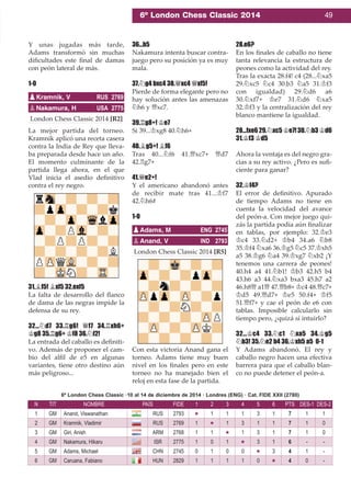 6º London Chess Classic 2014 49
Y unas jugadas más tarde,
Adams transformó sin muchas
diﬁcultades este ﬁnal de damas
con peón lateral de más.
1-0
London Chess Classic 2014 [R2]
La mejor partida del torneo.
Kramnik aplicó una receta casera
contra la India de Rey que lleva-
ba preparada desde hace un año.
El momento culminante de la
partida llega ahora, en el que
Vlad inicia el asedio deﬁnitivo
contra el rey negro.
31.¥f5! ¥xf5 32.exf5
La falta de desarrollo del ﬂanco
de dama de las negras impide la
defensa de su rey.
32...¤d7 33.¦g6! £f7 34.¦xh6+
¢g8 35.¦g6+ ¢f8 36.¤f2!
La entrada del caballo es deﬁniti-
vo. Además de proponer el cam-
bio del alﬁl de e5 en algunas
variantes, tiene otro destino aún
más peligroso...
36...b5
Nakamura intenta buscar contra-
juego pero su posición ya es muy
mala.
37.¤g4 bxc4 38.£xc4 £xf5!
Pierde de forma elegante pero no
hay solución antes las amenazas
¤h6 y £xc7.
39.¦g8+! ¢e7
Si 39...¢xg8 40.¤h6+
40.¥g5+! ¥f6
Tras 40...¤f6 41.£xc7+ £d7
42.¦g7+
41.£e2+!
Y el americano abandonó antes
de recibir mate tras 41...¢f7
42.¤h6#
1-0
London Chess Classic 2014 [R5]
Con esta victoria Anand gana el
torneo. Adams tiene muy buen
nivel en los ﬁnales pero en este
torneo no ha manejado bien el
reloj en esta fase de la partida.
28.e6?
En los ﬁnales de caballo no tiene
tanta relevancia la estructura de
peones como la actividad del rey.
Tras la exacta 28.f4! c4 (28...¤xa5
29.¤xc5 ¤c4 30.b3 ¤a5 31.¢f3
con igualdad) 29.¤d6 a6
30.¤xf7+ ¢e7 31.¤d6 ¤xa5
32.¢f3 y la centralización del rey
blanco mantiene la igualdad.
28...fxe6 29.¤xc5 ¢e7! 30.¤b3 ¢d6
31.¢f3 ¢d5
Ahora la ventaja es del negro gra-
cias a su rey activo. ¿Pero es suﬁ-
ciente para ganar?
32.¢f4?
El error de deﬁnitivo. Apurado
de tiempo Adams no tiene en
cuenta la velocidad del avance
del peón-a. Con mejor juego qui-
zás la partida podía aún ﬁnalizar
en tablas, por ejemplo: 32.¢e3
¢c4 33.¤d2+ ¢b4 34.a6 ¤b8
35.¢f4 ¤xa6 36.¢g5 ¤c5 37.¢xh5
a5 38.¢g6 ¤a4 39.¢xg7 ¤xb2 ¡Y
tenemos una carrera de peones!
40.h4 a4 41.¤b1! ¢b3 42.h5 b4
43.h6 a3 44.¤xa3 bxa3 45.h7 a2
46.h8£ a1£ 47.£b8+ ¢c4 48.£c7+
¢d5 49.£d7+ ¢e5 50.f4+ ¢f5
51.£f7+ y cae el peón de e6 con
tablas. Imposible calcularlo sin
tiempo pero, ¿quizá sí intuirlo?
32...¢c4 33.¤c1 ¤xa5 34.¢g5
¤b3! 35.¤e2 b4 36.¢xh5 a5 0-1
Y Adams abandonó. El rey y
caballo negro hacen una efectiva
barrera para que el caballo blan-
co no puede detener el peón-a.
pKramnik, V RUS 2769
pNakamura, H USA 2775
pAdams, M ENG 2745
pAnand, V IND 2793
N TIT NOMBRE PAÍS FIDE 1 2 3 4 5 6 PTS DES-1 DES-2
1 GM Anand, Viswanathan RUS 2793 « 1 1 1 3 1 7 1 1
2 GM Kramnik, Vladimir RUS 2769 1 « 1 3 1 1 7 1 0
3 GM Giri, Anish ARM 2768 1 1 « 1 3 1 7 1 0
4 GM Nakamura, Hikaru ISR 2775 1 0 1 « 3 1 6 - -
5 GM Adams, Michael CHN 2745 0 1 0 0 « 3 4 1 -
6 GM Caruana, Fabiano HUN 2829 1 1 1 1 0 « 4 0 -
6º London Chess Classic ·10 al 14 de diciembre de 2014 · Londres (ENG) · Cat. FIDE XXII (2780)
 