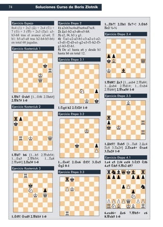 74 Soluciones Curso de Boris Zlotnik
8x4 (§) + 2x2 (¥) + 2x4 (¤) +
7 (¢) + 3 (£) + 2x3 (¦a1: a3-
h3-h8 tras el avance a2-a4; ¦
h1: h5-a5-a8 tras h2-h4-h5-h6)
en total 60 jugadas.
1.£b7 ¢xh5 [1...¢f6 2.¦h6#]
2.£h7# 1-0
1.£d7 b6 [1...b5 2.£xb5#;
1...¢a5 2.£b5#; 1...¦a8
2.£a4#] 2.¦a3# 1-0
1.¢f5! ¢xd5 2.£d1# 1-0
1) a2xb3xc4xd5xe6xd7xc8.
2) ¥a1-b2-a3-d6-e5-h8.
3) e2, f4, h3 y g1.
4) ¤a1-c2-a3-b1-c3-a2-c1-e2-
c3-d1-f2-d3-e1-g2-e3-f1-h2-f3-
g1-h3-f2-h1.
5) De a1 hasta a6 y desde h1
hasta h6 en total 12.
1.¤g4 h2 2.¤f2# 1-0
1...¢e4! 2.¢e6 ¢f3! 3.¢e5
¢g2 0-1
1...¦b7! 2.¦h1 ¦c7+! 3.¢b5
¦c2 ½-½
1.£d8!! ¥c3 [1...axb4 2.£a8#;
1...¥xb4 2.£d1#; 1...¢xb4
2.£d4#] 2.£xa5# 1-0
1.¥b5!! ¦xb5 [1...¦a8 2.¥c4
¦c8 3.¦a2#] 2.¦xa4+ ¢xa4
3.¦a2# 1-0
1.e4 e5 2.f4 exf4 3.¤f3 ¤f6
4.e5 ¤h5 5.£e2 d5?
6.exd6+ ¥e6 7.£b5+ c6
8.£xh5 1-0
Ejercicio Espejo
Ejercicio Kosteniuk 1
Ejercicio Kosteniuk 2
Ejercicio Kosteniuk 3
Ejercicio Etapa 2
Ejercicio Etapa 3.1
Ejercicio Etapa 3.2
Ejercicio Etapa 3.3
Ejercicio Etapa 3.4
Ejercicio Etapa 3.5
Ejercicio Etapa 4.1
 