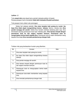 28 MODUL PENULISAN BAHASA MELAYU SJK
PPMP NEGERI JOHOR
Latihan : 2
Tulis empat nilai yang dapat kamu peroleh daripada petikan di bawah.
Panjang jawapan kamu hendaklah tidak lebih daripada 40 patah perkataan.
Tulis jawapan kamu dalam satu perenggan.
Setiap hari selepas sekolah, Siva akan berjalan kaki pulang ke rumah. Ibu
bapa Siva tidak dapat mengambilnya kerana bekerja. Namun, mereka tahu Siva
pandai menjaga diri sendiri. Ketika Siva hendak melintasi sebatang jalan raya, Siva
ternampak seorang perempuan buta ingin melintas jalan. Siva berasa simpati dengan
perempuan buta itu dan segera memberi bantuan. Perempuan buta itu
mengucapkan terima kasih kepada Siva. Perempuan buta itu telah memberikan wang
kepada Siva tetapi Siva menolak pemberiannya dengan baik.
Tuliskan nilai yang berdasarkan huraian yang diberikan.
Bil. Huraian Nilai
1. Siva akan berjalan kaki pulang ke rumah.
2. Ibu bapa Siva tidak dapat mengambilnya kerana
bekerja.
3. Siva pandai menjaga diri sendiri.
4. Siva berasa simpati dengan perempuan buta itu
dan segera memberi bantuan.
5. Perempuan buta itu mengucapkan terima kasih
kepada Siva.
6. Perempuan buta telah memberikan wang kepada
Siva
7. Siva menolak pemberiannya dengan baik.
 