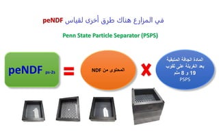 ‫لقياس‬ ‫أخرى‬ ‫طرق‬ ‫هناك‬ ‫المزارع‬ ‫في‬
peNDF
Penn State Particle Separator (PSPS)
peNDF ps-2s
‫المتبقي‬ ‫الجافة‬ ‫المادة‬
‫ة‬
‫ثق‬ ‫على‬ ‫الغربلة‬ ‫بعد‬
‫وب‬
19
‫و‬
8
‫ملم‬
PSPS
‫من‬ ‫المحتوى‬
NDF
 