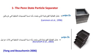 1- The Penn State Particle Separator
=
‫عامل‬
‫الفعالية‬
‫الفيزيائيةة‬
‫ي‬ ‫الةذ‬
‫تحةدد‬
‫بأنة‬
‫نسةبة‬
‫الجسةيمات‬
‫المتبقية‬
‫ة‬
‫فةي‬
‫غربةال‬
‫ين‬
(Lammers et al., 1996)
pefps-2s
pefps-3s
=
‫عامل‬
‫الفعالية‬
‫الفيزيائية‬
‫ي‬ ‫الذ‬
‫تحدد‬
‫بأن‬
‫نسبة‬
‫الجسيمات‬
‫المتبقي‬
‫ة‬
‫في‬
‫غرابيل‬ ‫ثالث‬
(Kononoff et al., 2003)
(Yang and Beauchemin 2006)
 