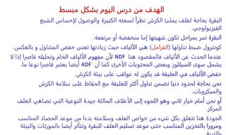 ‫مبسط‬ ‫بشكل‬ ‫اليوم‬ ‫درس‬ ‫من‬ ‫الهدف‬
‫الشب‬ ‫لإحساس‬ ‫والوصول‬ ‫الكبيرة‬ ‫لسعته‬ ً‫ا‬‫نظر‬ ‫الكرش‬ ‫يملئ‬ ‫لعلف‬ ‫بحاجة‬ ‫البقرة‬
‫ع‬
‫الفيزيولوجي‬
.
‫مرتفعة‬ ‫أو‬ ‫منخفضة‬ ‫إما‬ ‫شهيتها‬ ‫تكون‬ ‫بمراحل‬ ‫تمر‬ ‫البقرة‬
.
‫تناولها‬ ‫ضبط‬ ‫كونترول‬
(
‫الفرامل‬
)
‫و‬ ‫المتناول‬ ‫خفض‬ ‫تعني‬ ‫زيادتها‬ ‫حيث‬ ‫الألياف‬ ‫هي‬
‫بالعكس‬
.
‫هنا‬ ‫فالمقصود‬ ‫الألياف‬ ‫عن‬ ‫اتحدث‬ ‫عندما‬
NDF
‫لا‬ ‫إذا‬ ‫قاصرا‬ ‫وتحليله‬ ‫الخام‬ ‫الألياف‬ ‫مفهوم‬ ‫لأن‬
‫أن‬ ‫كما‬ ‫الأخرى‬ ‫المحتويات‬ ‫وبعض‬ ‫السيللوز‬ ‫سوى‬ ‫يشمل‬
ADF
‫ما‬ ‫نوعا‬ ‫قاصرا‬ ‫يعتبر‬ ‫أيضا‬
.
‫الكرش‬ ‫بيئة‬ ‫على‬ ‫عواقب‬ ‫له‬ ‫يكون‬ ‫قد‬ ‫العليقة‬ ‫في‬ ‫الألياف‬ ‫خفض‬
.
‫الكرش‬ ‫سلامة‬ ‫على‬ ‫الحفاظ‬ ‫مع‬ ‫للعليقة‬ ‫أكثر‬ ‫تناول‬ ‫تضمن‬ ‫دنيا‬ ‫لحدود‬ ‫بحاجة‬ ‫نحن‬
‫والميكروبات‬
.
‫العل‬ ‫تضاهي‬ ‫التي‬ ‫النوعية‬ ‫جيدة‬ ‫المالئة‬ ‫الأعلاف‬ ‫إلى‬ ‫اللجوء‬ ‫وهو‬ ‫ثاني‬ ‫خيار‬ ‫أمام‬ ‫نحن‬ ‫أو‬
‫ف‬
‫المركز‬
.
‫المناس‬ ‫الحصاد‬ ‫موعد‬ ‫من‬ ‫بدءا‬ ‫وسلامته‬ ‫العلف‬ ‫خواص‬ ‫من‬ ‫شيء‬ ‫بكل‬ ‫تتعلق‬ ‫هنا‬ ‫الجودة‬
‫ب‬
‫بالمورث‬ ‫أيضا‬ ‫وتتأثر‬ ‫للبقرة‬ ‫العلف‬ ‫تسليم‬ ‫موعد‬ ‫حتى‬ ‫المناسب‬ ‫بالتخزين‬ ‫ومرورا‬
‫والبيئة‬ ‫ات‬
 