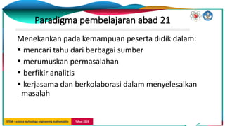 STEM – science technology engineering mathemathic Tahun 2019
Menekankan pada kemampuan peserta didik dalam:
 mencari tahu dari berbagai sumber
 merumuskan permasalahan
 berfikir analitis
 kerjasama dan berkolaborasi dalam menyelesaikan
masalah
Paradigma pembelajaran abad 21
 