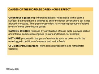 CAUSES OF THE INCREASE GREENHOUSE EFFECT


  Greenhouse gases trap infrared radiation (‘heat) close to the Earth’s
  surface. Solar radiation is allowed to enter the lower atmosphere but is not
  allowed to escape. The greenhouse effect is increasing because of raised
  levels of these greenhouse gases:
  CARBON DIOXIDE released by combustion of fossil fuels in power station
  and internal combustion engines (in cars and lorries, for example)
  METHANE prodused in the guts of ruminants such as cows and in the
  waterlogged conditions of swamps and in rice fields.
  CFCs(chloroflurocarbons) from aerosol propellants and refrigerator
  coolants.




RM/jks/jun2004
 