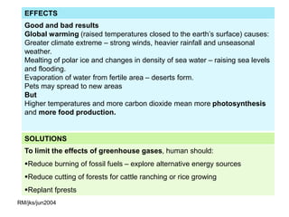 EFFECTS
  Good and bad results
  Global warming (raised temperatures closed to the earth’s surface) causes:
  Greater climate extreme – strong winds, heavier rainfall and unseasonal
  weather.
  Mealting of polar ice and changes in density of sea water – raising sea levels
  and flooding.
  Evaporation of water from fertile area – deserts form.
  Pets may spread to new areas
  But
  Higher temperatures and more carbon dioxide mean more photosynthesis
  and more food production.


  SOLUTIONS
  To limit the effects of greenhouse gases, human should:
  Reduce burning of fossil fuels – explore alternative energy sources
  Reduce cutting of forests for cattle ranching or rice growing
  Replant fprests
RM/jks/jun2004
 