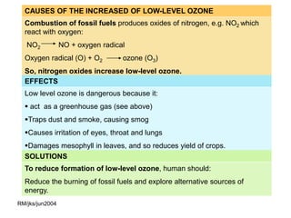 CAUSES OF THE INCREASED OF LOW-LEVEL OZONE
  Combustion of fossil fuels produces oxides of nitrogen, e.g. NO2 which
  react with oxygen:
   NO2           NO + oxygen radical
  Oxygen radical (O) + O2          ozone (O3)
  So, nitrogen oxides increase low-level ozone.
  EFFECTS
  Low level ozone is dangerous because it:
   act as a greenhouse gas (see above)
  Traps dust and smoke, causing smog
  Causes irritation of eyes, throat and lungs
  Damages mesophyll in leaves, and so reduces yield of crops.
  SOLUTIONS
  To reduce formation of low-level ozone, human should:
  Reduce the burning of fossil fuels and explore alternative sources of
  energy.
RM/jks/jun2004
 