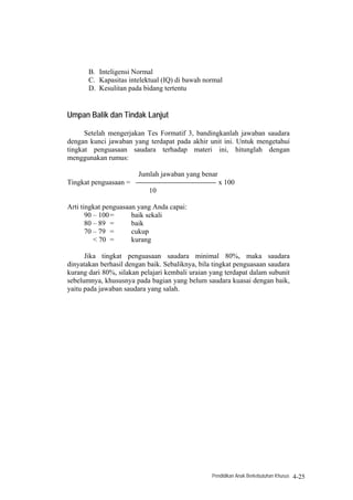 B. Inteligensi Normal
       C. Kapasitas intelektual (IQ) di bawah normal
       D. Kesulitan pada bidang tertentu


Umpan Balik dan Tindak Lanjut

      Setelah mengerjakan Tes Formatif 3, bandingkanlah jawaban saudara
dengan kunci jawaban yang terdapat pada akhir unit ini. Untuk mengetahui
tingkat penguasaan saudara terhadap materi ini, hitunglah dengan
menggunakan rumus:

                        Jumlah jawaban yang benar
Tingkat penguasaan =                                x 100
                           10

Arti tingkat penguasaan yang Anda capai:
       90 – 100 =     baik sekali
       80 – 89 =      baik
       70 – 79 =      cukup
          < 70 =      kurang

      Jika tingkat penguasaan saudara minimal 80%, maka saudara
dinyatakan berhasil dengan baik. Sebaliknya, bila tingkat penguasaan saudara
kurang dari 80%, silakan pelajari kembali uraian yang terdapat dalam subunit
sebelumnya, khususnya pada bagian yang belum saudara kuasai dengan baik,
yaitu pada jawaban saudara yang salah.




                                                 Pendidikan Anak Berkebutuhan Khusus   4-25
 
