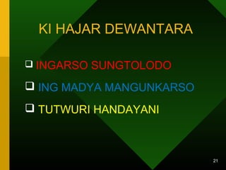 KI HAJAR DEWANTARA 
 INGARSO SUNGTOLODO 
 ING MADYA MANGUNKARSO 
 TUTWURI HANDAYANI 
21 
 
