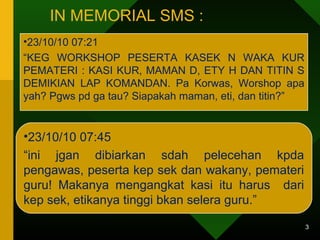 IN MEMORIAL SMS : 
3 
•23/10/10 07:21 
“KEG WORKSHOP PESERTA KASEK N WAKA KUR 
PEMATERI : KASI KUR, MAMAN D, ETY H DAN TITIN S 
DEMIKIAN LAP KOMANDAN. Pa Korwas, Worshop apa 
yah? Pgws pd ga tau? Siapakah maman, eti, dan titin?” 
•23/10/10 07:45 
“ini jgan dibiarkan sdah pelecehan kpda 
pengawas, peserta kep sek dan wakany, pemateri 
guru! Makanya mengangkat kasi itu harus dari 
kep sek, etikanya tinggi bkan selera guru.” 
 