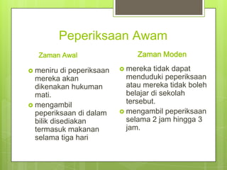 Peperiksaan Awam
Zaman Awal
 meniru

di peperiksaan
mereka akan
dikenakan hukuman
mati.
 mengambil
peperiksaan di dalam
bilik disediakan
termasuk makanan
selama tiga hari

Zaman Moden
 mereka

tidak dapat
menduduki peperiksaan
atau mereka tidak boleh
belajar di sekolah
tersebut.
 mengambil peperiksaan
selama 2 jam hingga 3
jam.

 