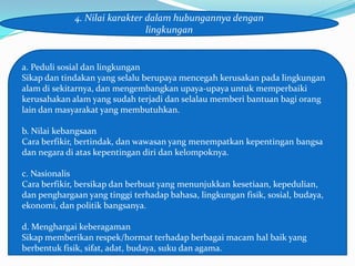 4. Nilai karakter dalam hubungannya dengan
                               lingkungan


a. Peduli sosial dan lingkungan
Sikap dan tindakan yang selalu berupaya mencegah kerusakan pada lingkungan
alam di sekitarnya, dan mengembangkan upaya-upaya untuk memperbaiki
kerusahakan alam yang sudah terjadi dan selalau memberi bantuan bagi orang
lain dan masyarakat yang membutuhkan.

b. Nilai kebangsaan
Cara berfikir, bertindak, dan wawasan yang menempatkan kepentingan bangsa
dan negara di atas kepentingan diri dan kelompoknya.

c. Nasionalis
Cara berfikir, bersikap dan berbuat yang menunjukkan kesetiaan, kepedulian,
dan penghargaan yang tinggi terhadap bahasa, lingkungan fisik, sosial, budaya,
ekonomi, dan politik bangsanya.

d. Menghargai keberagaman
Sikap memberikan respek/hormat terhadap berbagai macam hal baik yang
berbentuk fisik, sifat, adat, budaya, suku dan agama.
 