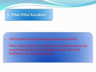 A. Nilai-Nilai Karakter




1. Nilai karakter dalam hubungannya dengan Tuhan

  Yaitu religius; pikiran, perkataan dan tindakan seseorang
  yang diupayakan selalu berdasarkan pada nilai-nilai
  ketuhanan dan ajaran agamanya.
 