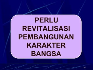 10
PERLU
REVITALISASI
PEMBANGUNAN
KARAKTER
BANGSA
PERLU
REVITALISASI
PEMBANGUNAN
KARAKTER
BANGSA
 