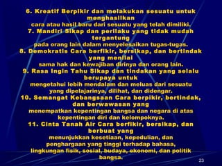 6. Kreatif Berpikir dan melakukan sesuatu untuk
menghasilkan
cara atau hasil baru dari sesuatu yang telah dimiliki.
7. Mandiri Sikap dan perilaku yang tidak mudah
tergantung
pada orang lain dalam menyelesaikan tugas-tugas.
8. Demokratis Cara berfikir, bersikap, dan bertindak
yang menilai
sama hak dan kewajiban dirinya dan orang lain.
9. Rasa Ingin Tahu Sikap dan tindakan yang selalu
berupaya untuk
mengetahui lebih mendalam dan meluas dari sesuatu
yang dipelajarinya, dilihat, dan didengar.
10. Semangat Kebangsaan Cara berpikir, bertindak,
dan berwawasan yang
menempatkan kepentingan bangsa dan negara di atas
kepentingan diri dan kelompoknya.
11. Cinta Tanah Air Cara berfikir, bersikap, dan
berbuat yang
menunjukkan kesetiaan, kepedulian, dan
penghargaan yang tinggi terhadap bahasa,
lingkungan fisik, sosial, budaya, ekonomi, dan politik
bangsa. 23
 