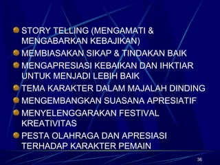 36
STORY TELLING (MENGAMATI &
MENGABARKAN KEBAJIKAN)
MEMBIASAKAN SIKAP & TINDAKAN BAIK
MENGAPRESIASI KEBAIKAN DAN IHKTIAR
UNTUK MENJADI LEBIH BAIK
TEMA KARAKTER DALAM MAJALAH DINDING
MENGEMBANGKAN SUASANA APRESIATIF
MENYELENGGARAKAN FESTIVAL
KREATIVITAS
PESTA OLAHRAGA DAN APRESIASI
TERHADAP KARAKTER PEMAIN
 