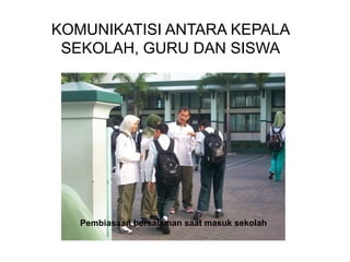 KOMUNIKATISI ANTARA KEPALA
SEKOLAH, GURU DAN SISWA
Pembiasaan bersalaman saat masuk sekolah
 
