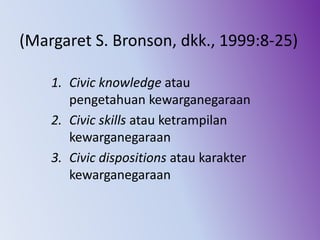 (Margaret S. Bronson, dkk., 1999:8-25)
1. Civic knowledge atau
pengetahuan kewarganegaraan
2. Civic skills atau ketrampilan
kewarganegaraan
3. Civic dispositions atau karakter
kewarganegaraan
 