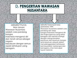 1. Wadah (Contour)
Wadah kehidupan
bermasyarakat di
Indonesia serba
Nusantara dan
memiliki organisasi
kenegaraan yang
merupakan wadah
berbagai kegiatan
kenegaraan dalam
wujud supra struktur
politik dan wadah
dalam kehidupan
bermasyarakat
2. Isi (Content)
Adalah aspirasi bangsa
yang berkembang di
masyarakat dan cita-
cita serta tujuan
nasional yang terdapat
dalam Pembukaan UUD
1945. Isi menyangkut
dua hal pertama
realisasi aspirasi bangsa
sebagai kesepakatan
bersama dan
perwujudannya,
pencapaian cita-cita
dan tujuan nasional
persatuan, kedua
persatuan dan kesatuan
dalam kebinekaan
yang meliputi semua
aspek kehidupan
nasional.
3. Tata laku
(Conduct)
Hasil interaksi antara
wadah dan isi
wasantara yang
terdiri dari :
-Tata laku Bathiniah
yaitu mencerminkan
jiwa, semangat dan
mentalitas yang baik
dari bangsa
Indonesia.
-Tata laku Lahiriah
yaitu tercermin
dalam tindakan,
perbuatan dan
perilaku dari bangsa
Indonesia.
 