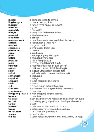 Hidup Rukun, Tolong-menolongHidup Rukun, Tolong-menolong
105
lestari : bertahan seperti semula
lingkungan : daerah sekitar kita
longsor : tanah terbawa air ke bawah
manfaat : guna
masalah : persoalan
masjid : tempat ibadah umat Islam
menteri : pembantu raja
musibah : cobaan
musyawarah : membicarakan permasalahan bersama
nafkah : kebutuhan sehari-hari
nasihat : anjuran baik
pancasila : lima dasar Indonesia
pendapat : usulan
peran : sandiwara
piket : kelompok yang bertugas
polisi : penjaga keamanan
prestasi : hasil yang dicapai
pura : tempat ibadah umat Hindu
rekreasi : menyegarkan badan dan pikiran
rukun : baik dan damai, tidak bertengkar
salat : ibadah umat Islam setiap hari
sehat : seluruh badan dalam keadaan baik
semangat : kemauan
sepakat : setuju
serakah : ingin memiliki semuanya
setia : patuh
suku : orang-orang satu keturunan
sumatra : pulau besar di bagian barat Indonesia
sumbangan : bantuan
tanggung jawab : menanggung segala sesuatu
teladan : panutan
televisi : alat elektronik yang menampilkan gambar dan suara
ternak : binatang yang dipelihara dan dapat dimakan
tertib : taat
tsunami : bencana air laut naik ke daratan
tugas : pekerjaan yang harus diselesaikan
tumbuhan : tanaman yang tumbuh
warga : masyarakat
wisata : pergi bersenang-senang bersama, piknik, tamasya
 
