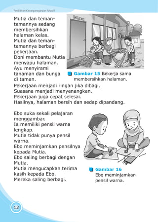 Pendidikan Kewarganegaraan Kelas IIPendidikan Kewarganegaraan Kelas II
12
Mutia dan teman-
temannya sedang
membersihkan
halaman kelas.
Mutia dan teman-
temannya berbagi
pekerjaan.
Doni membantu Mutia
menyapu halaman.
Ayu menyirami
tanaman dan bunga
di taman.
Ebo suka sekali pelajaran
menggambar.
Ia memiliki pensil warna
lengkap.
Mutia tidak punya pensil
warna.
Ebo meminjamkan pensilnya
kepada Mutia.
Ebo saling berbagi dengan
Mutia.
Mutia mengucapkan terima
kasih kepada Ebo.
Mereka saling berbagi.
Gambar 15 Bekerja sama
membersihkan halaman.
Gambar 16
Ebo meminjamkan
pensil warna.
Pekerjaan menjadi ringan jika dibagi.
Suasana menjadi menyenangkan.
Pekerjaan juga cepat selesai.
Hasilnya, halaman bersih dan sedap dipandang.
 