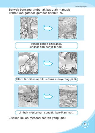 Cinta LingkunganCinta Lingkungan
31
Ular-ular dibasmi, tikus-tikus menyerang padi.
Banyak bencana timbul akibat ulah manusia.
Perhatikan gambar-gambar berikut ini.
Pohon-pohon ditebangi,
longsor dan banjir terjadi.
Limbah mencemari sungai, ikan-ikan mati.
Bisakah kalian mencari contoh yang lain?
 