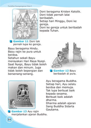 Pendidikan Kewarganegaraan Kelas IIPendidikan Kewarganegaraan Kelas II
84
Doni beragama Kristen Katolik.
Doni tidak pernah lalai
beribadah.
Setiap hari Minggu, Doni ke
gereja.
Doni ke gereja untuk beribadah
kepada Tuhan.
Gambar 11 Doni tak
pernah lupa ke gereja.
Bayu beragama Hindu.
Bayu rajin ke pura untuk
berdoa.
Setahun sekali Bayu
merayakan Hari Raya Nyepi.
Saat Nyepi, Bayu tidak boleh
makan dan minum. Juga
tidak boleh bepergian dan
bersenang-senang.
Ayu beragama Buddha.
Setiap hari, Ayu selalu
berdoa dan memuja.
Tak lupa berbuat baik
kepada sesama.
Berbuat baik adalah
dharma.
Dharma adalah ajaran
Sang Buddha Sidarta
Gautama.
Gambar 12 Bayu
beribadah di pura.
Gambar 13 Ayu rajin
menjalankan ajaran Buddha.
 