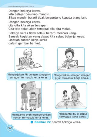 Pendidikan Kewarganegaraan Kelas IIPendidikan Kewarganegaraan Kelas II
92
Dengan bekerja keras,
kita belajar bersikap mandiri.
Sikap mandiri berarti tidak bergantung kepada orang lain.
Dengan bekerja keras,
cita-cita kita akan tercapai.
Cita-cita tidak akan tercapai bila kita malas.
Bekerja keras tidak selalu berarti mencari uang.
Banyak kegiatan yang dapat kita sebut bekerja keras.
Lihatlah contoh kerja keras
dalam gambar berikut.
Membantu ibu di dapur
termasuk kerja keras.
Membantu ayah membersihkan
rumah termasuk kerja keras.
Mengerjakan PR dengan sungguh-
sungguh termasuk kerja keras.
Mengerjakan ulangan dengan
jujur termasuk kerja keras.
Gambar 22 Contoh bekerja keras.
 