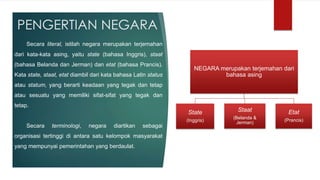 PENGERTIAN NEGARA
NEGARA merupakan terjemahan dari
bahasa asing
State
(Inggris)
Staat
(Belanda &
Jerman)
Etat
(Prancis)
Se...