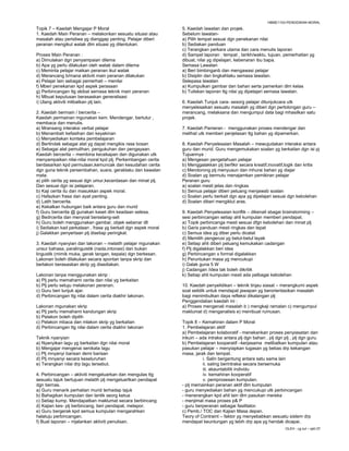 HBME1103-PENDIDIKAN MORAL
Topik 7 – Kaedah Mengajar P Moral                              5. Kaedah lawatan dan projek.
1. Kaedah Main Peranan – melakonkan sesuatu situasi atau       Sebelum lawatan-
masalah atau peristiwa yg dianggap penting. Pelajar diberi     a) Pilih tempat sesuai dgn penekanan nilai
peranan mengikut watak dlm situasi yg ditentukan.              b) Sediakan panduan
                                                               c) Terangkan perkara utama dan cara menulis laporan
Proses Main Peranan :                                          d) Sampel laporan : tempat , tarikh/waktu, tujuan, pemerhatian yg
a) Dimulakan dgn penyampaian dilema                            dibuat, nilai yg dipelajari, kebenaran ibu bapa.
b) Apa yg perlu dilakukan oleh watak dalam dilema              Semasa Lawatan
c) Meminta pelajar maikan peranan ikut watak                   a) Beri bimbinganb dan mengawasi pelajar
d) Merancang b/mana aktiviti main peranan dilakukan            b) Disiplin dan tingkahlaku semasa lawatan.
e) Pelajar lain sebagai pemerhati – menilai                    Selepasa lawatan
f) Mberi penekanan kpd aspek perasaan                          a) Kumpulkan gambar dan bahan serta pamerkan dlm kelas
g) Perbincangan ttg akibat semasa teknik main peranan          b) Tuliskan laporan ttg nilai yg dipelajari semasa lawatan.
h) Mbuat keputusan berasaskan generalisasi
i) Ulang aktiviti mlibatkan plj lain.                          6. Kaedah Tunjuk cara- sesorg pelajar ditunjukcara utk
                                                               menyelesaikan sesuatu masalah yg diberi dgn pertolongan guru –
2. Kaedah bermain / bercerita –                                merancang, melaksana dan mengumpul data bagi mhasilkan satu
Kaedah permainan mgunakan kem. Mendengar, bertutur ,           projek.
membaca dan menulis.
a) Mransang interaksi verbal pelajar                           7. Kaedah Pameran - menggunakan proses mendengar dan
b) Menambah kefasihan dan keyakinan                            melihat utk memberi penjelasan ttg bahan yg dipamerkan.
c) Menyediakan konteks pembelajaran
d) Bertindak sebagai alat yg dapat mengikis rasa bosan         8. Kaedah Penyelesaian Masalah – mewujudakan interaksi antara
e) Sebagai alat pemulihan, pengukuhan dan pengayaan.           guru dan murid. Guru mengemukakan soalan yg berkaitan dgn isi pj
Kaedah bercerita – membina kecekapan dan digunakan utk         Tujuannya :
menyampaikan nilai-nilai moral kpd plj. Perkembangan cerita    a) Mengesan pengetahuan pelajar
berdasarkan kpd permulaan,kemuncak dan kesudahan cerita        b) Menggalakkan plj berfikir secara kreatif,inovatif,logik dan kritis
dgn guna teknik persembahan, suara, geraklaku dan kawalan      c) Mendorong plj menyusun dan mhurai bahan yg diajar
mata.                                                          d) Soalan yg bermutu menajamkan pemikiran pelajar
a) pilih cerita yg sesuai dgn umur,kecerdasan dan minat plj.   Peranan guru
Dan sesuai dgn isi pelajaran.                                  a) soalan mesti jelas dan ringkas
b) Kaji cerita itu dan masukkan aspek moral.                   b) Semua pelajar diberi peluang menjawab soalan
c) Hafazkan frasa dan ayat penting.                            c) Soalan perlu berkait dgn apa yg dipelajari sesuai dgn kebolehan
d) Latih bercerita.                                            d) Soalan diberi mengiklut aras.
e) Kekalkan hubungan baik antara guru dan murid
f) Guru bercerita @ gunakan kaset dlm keadaan selesa.          9. Kaedah Penyelesaian konflik – dikenali sbagai brainstorming –
g) Bedrcerita dan menyoal berselang-seli                       sesi perbincangan setiap ahli kumpulan memberi pendapat.
h) Guru boleh menggunakan gambar, objek sebenar dll            a) Topik perbincanga mesti sesuai dfgn kebolehan dan minat plj
i) Sediakan kad perkataan , frasa yg berkait dgn aspek moral   b) Garis panduan mesti ringkas dan tepat
j) Galakkan penyertaan plj disetiap peringkat.                 c) Semua idea yg diber perlu dicatat
                                                               d) Memilih pengerusi yg betul-betul layak
3. Kaedah nyanyian dan lakonan – melatih pelajar mgunakan      e) Setiap ahli diberi peluang kemukakan cadangan
unsur bahasa, paralinguistik (nada,intonasi) dan bukan         f) Plj digalakkan beri idea
lingustik (mimik muka, gerak tangan, kepala) dgn berkesan.     g) Perbincangan x formal digalakkan
Lakonan boleh dilakukan secara spontan tanpa skrip dan         h) Peruntukan masa yg mencukupi
berlakon berasaskan skrip yg disediakan.                       i) Galak guna 5 W
                                                               j) Cadangan /idea tak boleh dikritik
Lakonan tanpa menggunakan skrip :                              k) Setiap ahli kumpulan mesti ada pelbagai kebolehan
a) Plj perlu memahami cerita dan nilai yg berkaitan
b) Plj perlu setuju melakonan peranan.                         10. Kaedah penyelidikan – teknik tinjau siasat – merangkumi aspek
c) Guru beri tunjuk ajar.                                      soal selidik untuk mendapat jawapan yg berorientasikan masalah
d) Perbincangan ttg nilai dalam cerita diakhir lakonan.        bagi menimbulkan daya refleksi dikalangan plj
                                                               Penggendalian kaedah ini :
Lakonan mgunakan skrip                                         a) Proses mengenali masalah b ) mengkaji ramalan c) mengumpul
a) Plj perlu memahami kandungan skrip                          maklumat d) menganalisis e) membuat rumusan.
b) Pelakon boleh dipilih
c) Pelakon mbaca dan mlakon skrip yg berkaitan                 Topik 8 – Kemahiran dalam P Moral
d) Perbincangan ttg nilai dalam cerita diakhir lakonan         1. Pembelajaran aktif
                                                               a) Pembelajaran kolaboratif - menekankan proses penyiasatan dan
Teknik nyanyian                                                inkuiri – ada intraksi antara plj dgn bahan , plj dgn plj , plj dgn guru.
a) Nyanyikan lagu yg berkaitan dgn nilai moral                 b) Pembelajaran kooperatif –kerjasama melibatkan kumpulan atau
b) Mengajar mengenai senikata lagu                             pasukan pelajar – menyiapkan tugasan yg bebas drp kekangan
c) Plj mnyanyi barisan demi barisan                            masa, jarak dan tempat.
d) Plj mnyanyi secara keseluruhan                                         i. Salin bergantung antara satu sama lain
e) Terangkan nilai drp lagu tersebut.                                     ii. saling berintraksi secara bersemuka
                                                                          iii. akauntabiliti individu
4. Perbincangan – aktiviti mengeluarkan dan mengulas ttg                  iv. kemahiran kooperatif
sesuatu tajuk bertujuan melatih plj mengeluartkan pendapat                v. pemprosesan kumpulan.
dgn bernas.                                                    - plj memainkan peranan aktif dlm kumpulan
a) Guru menarik perhatian murid terhadap tajuk                 - guru menyediakan bahan yg mencukupi utk perbincangan
b) Bahagikan kumpulan dan lantik seorg ketua                   - menerangkan kpd ahli lain dlm pasukan mereka
c) Setiap kump. Mendapatkan maklumat secara berbincang         - menjimat masa proses p& P
d) Kajian kes- plj berbincang, beri pendapat, melapor.         - guru berperanan sebagai fasilitator.
e) Guru bergerak kpd semua kumpulan mengarahkan                c) Pemb./ TOC dan Kajian Masa depan.
halatuju perbincangan.                                         Teory of Contraint – faktor yg menyebabkan sesuatu sistem drp
f) Buat laporan – mjalankan aktiviti penulisan.                mendapat keuntungan yg lebih drp apa yg hendak dicapai.
                                                                                                                      OLEH : cg zul – ipkt 07
 