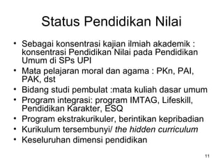 Status Pendidikan Nilai Sebagai konsentrasi kajian ilmiah akademik : konsentrasi Pendidikan Nilai pada Pendidikan Umum di SPs UPI Mata pelajaran moral dan agama : PKn, PAI, PAK, dst Bidang studi pembulat :mata kuliah dasar umum Program integrasi: program IMTAG, Lifeskill, Pendidikan Karakter, ESQ Program ekstrakurikuler, berintikan kepribadian Kurikulum tersembunyi/  the hidden curriculum Keseluruhan dimensi pendidikan 