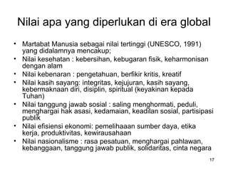 Nilai apa yang diperlukan di era global Martabat Manusia sebagai nilai tertinggi (UNESCO, 1991) yang didalamnya mencakup;  Nilai kesehatan : kebersihan, kebugaran fisik, keharmonisan dengan alam Nilai kebenaran : pengetahuan, berfikir kritis, kreatif Nilai kasih sayang: integritas, kejujuran, kasih sayang, kebermaknaan diri, disiplin, spiritual (keyakinan kepada Tuhan) Nilai tanggung jawab sosial : saling menghormati, peduli, menghargai hak asasi, kedamaian, keadilan sosial, partisipasi publik Nilai efisiensi ekonomi: pemelihaaan sumber daya, etika kerja, produktivitas, kewirausahaan Nilai nasionalisme : rasa pesatuan, menghargai pahlawan, kebanggaan, tanggung jawab publik, solidaritas, cinta negara 